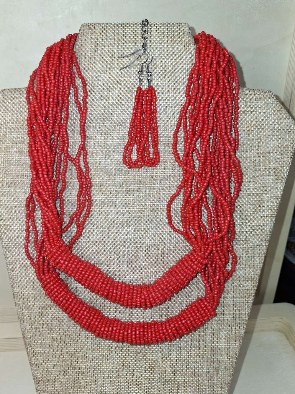 Red Multi-Strand Beaded Necklace Set - Women Jewelry